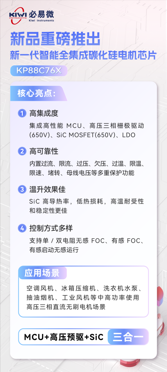 必易微推出新一代智能全集成碳化硅电机芯片 KP88C76X